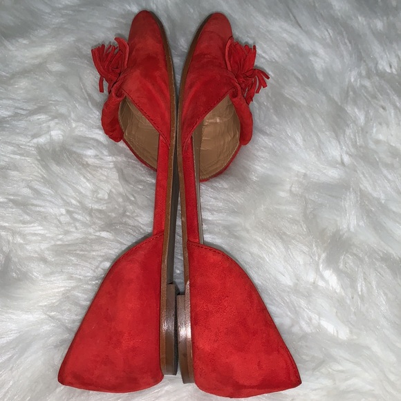 PUBLIC STORAGE TOOK J. CREW bright Red leather pointed Flats Sz 8 fringe suede - Picture 15 of 16
